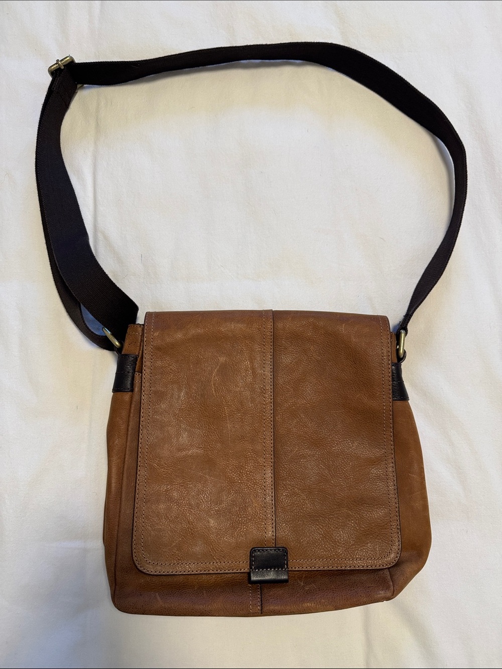 Fossil Brown Leather Messenger Bag with Black Strap